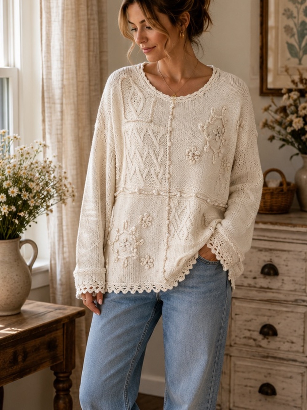 Vintage Tiara International Patchwork Knit Sweater M Cottagecore Boho